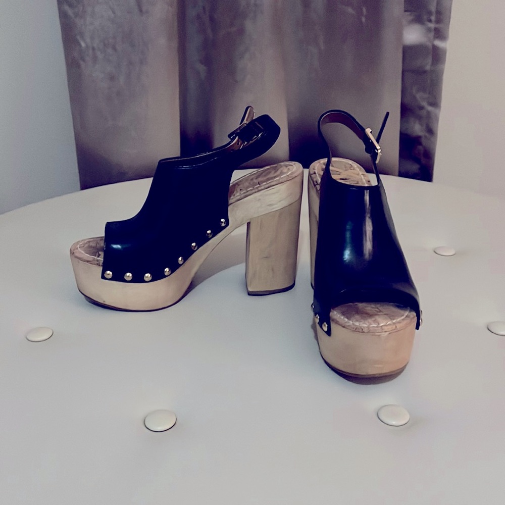 Sam Eden black leather and wood platform shoes